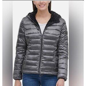 Andrew Marc Womens Reversible Gray Quilt/Black Faux Fur Coat